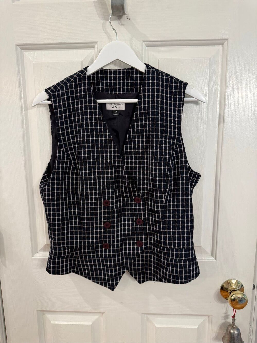 Kasper Black Windowpane Double Breasted Waistcoat Vest sz 12 EUC